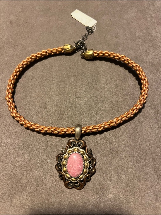 Vintage Jewelry - Vintage Pink Stone Pendant on Braided Tan Cord